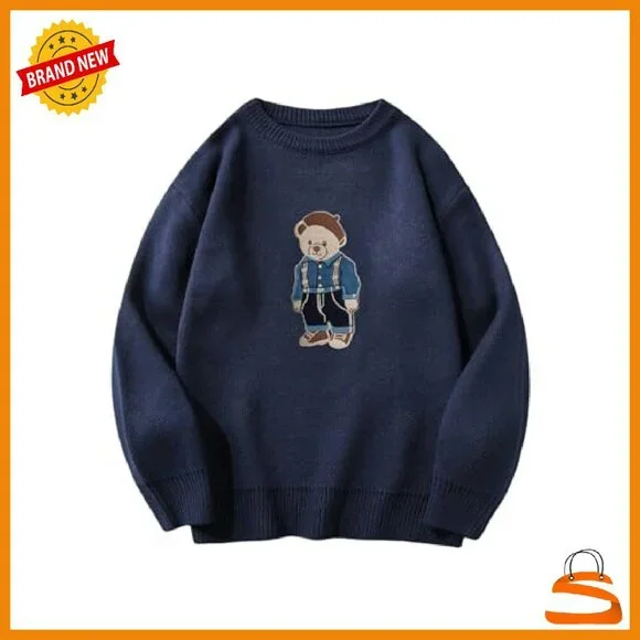 Oversized Crewneck Bear Graphic Sweater Unisex Vintage Preppy Jumper - Picture 2 of 7